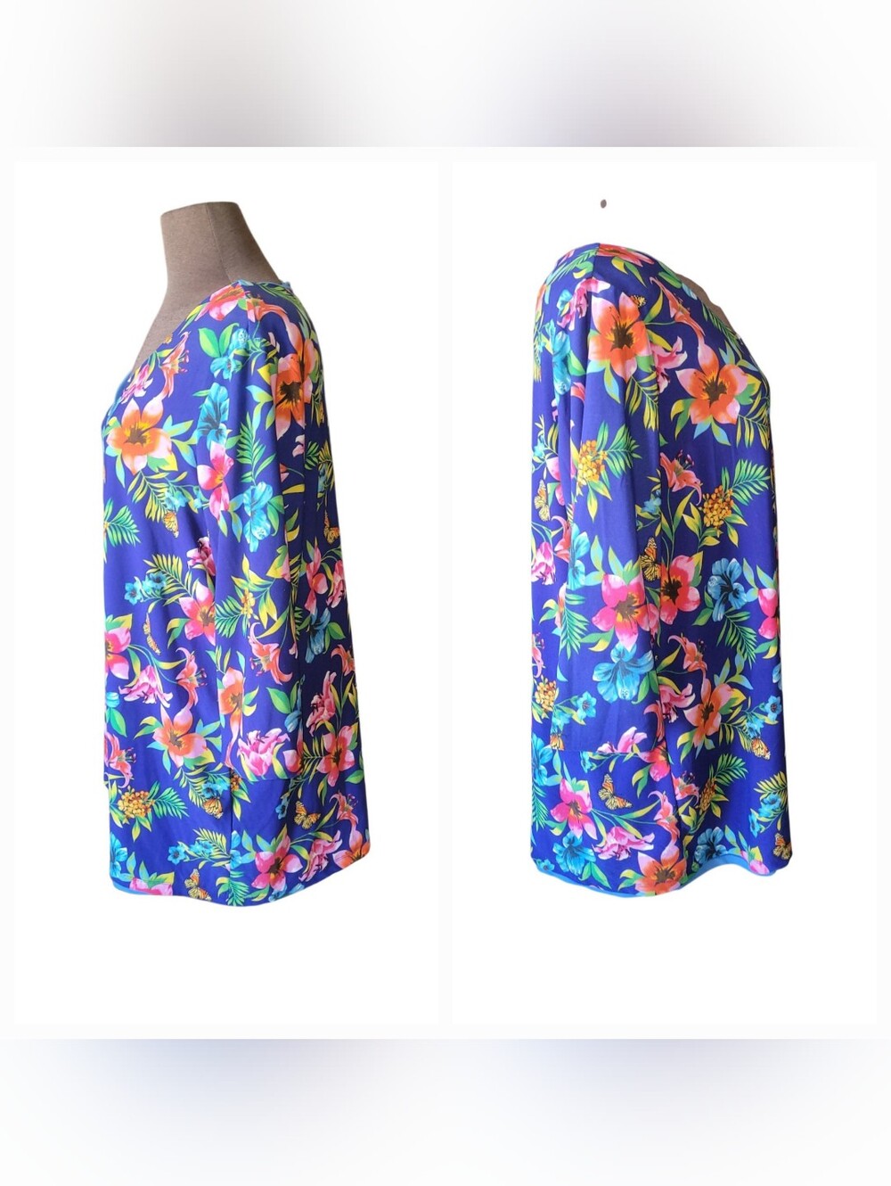 Attitudes By Renee Reversible Women’s V-Neck Tunic Top Blue Floral & Solid Blue - Picture 3 of 16